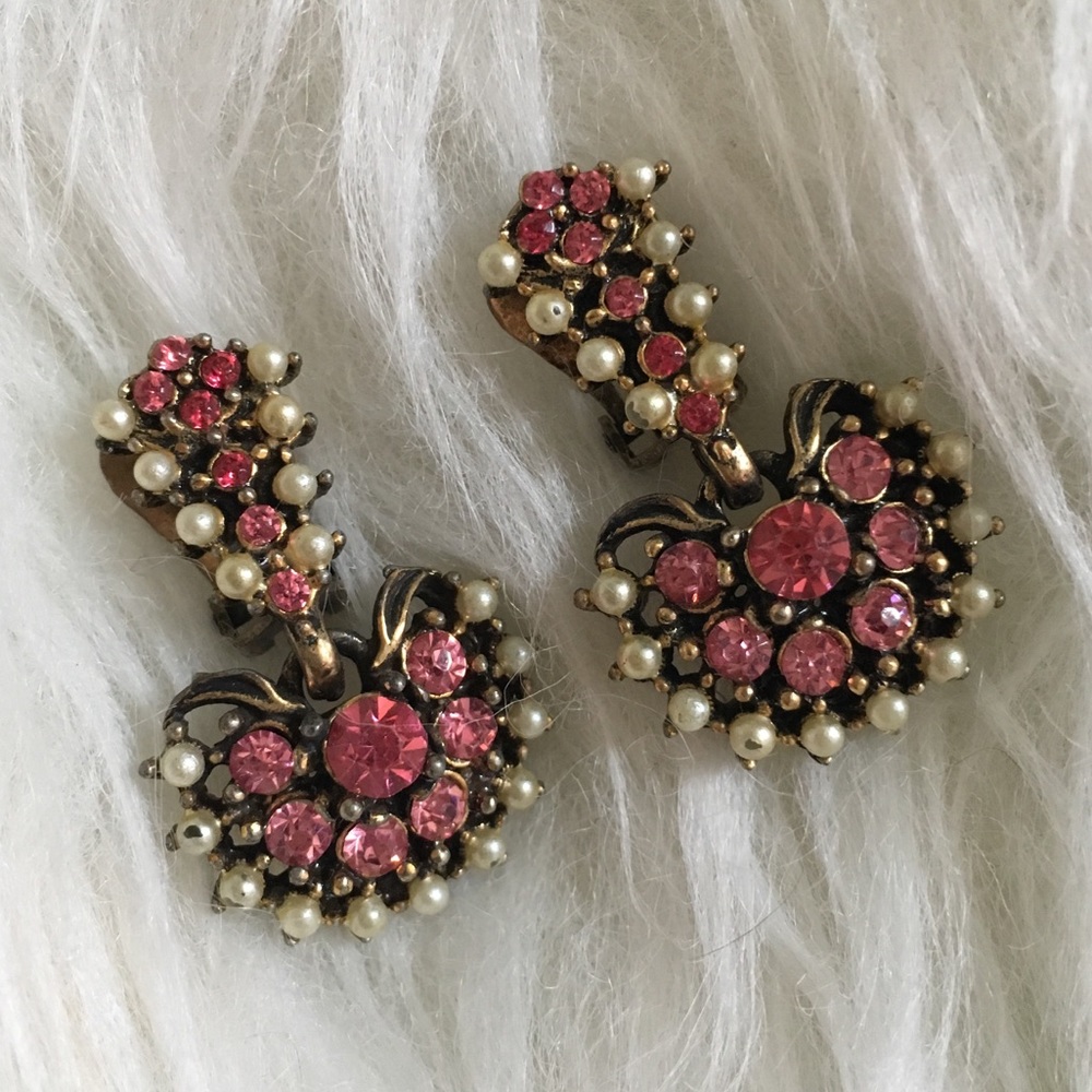 Vintage Pink & Pearl Look Hinged Clip-On Earrings
